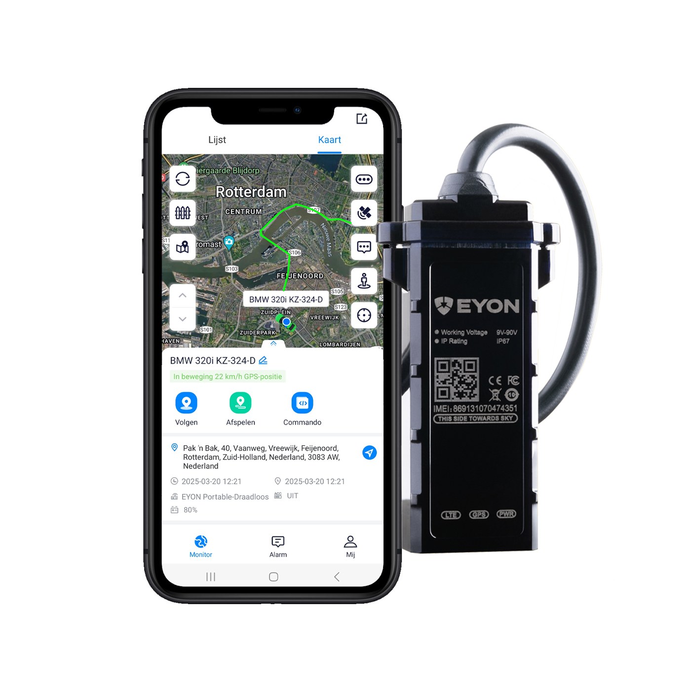 Ο εντοπιστής GPS Eyon Wired με την εφαρμογή Eyon να δείχνει τη ζωντανή θέση ενός οχήματος, εντοπιστής GPS χωρίς συνδρομή για αυτοκίνητα και βαν στην Κύπρο